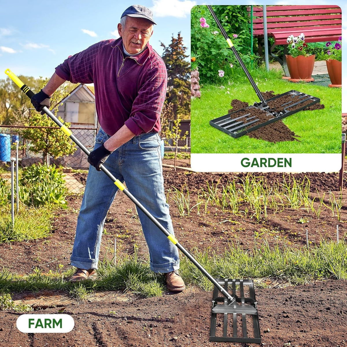 Lawn Leveling Rake in Yellow with 5FT Size Option, Metal Lawn Leveler with Foldable Head and Adjustable Handle for Spreading Sand and Soil in Yards