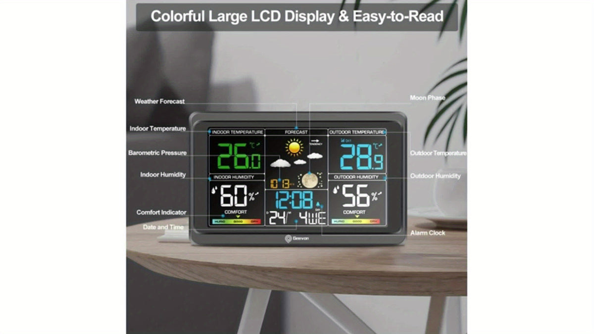 Geevon Color Display Weather Station with Listed 7.6-Inch LCD, Indoor Outdoor Temperature and Humidity, Barometer, Alarm Clock and Adjustable Backlight, Black
