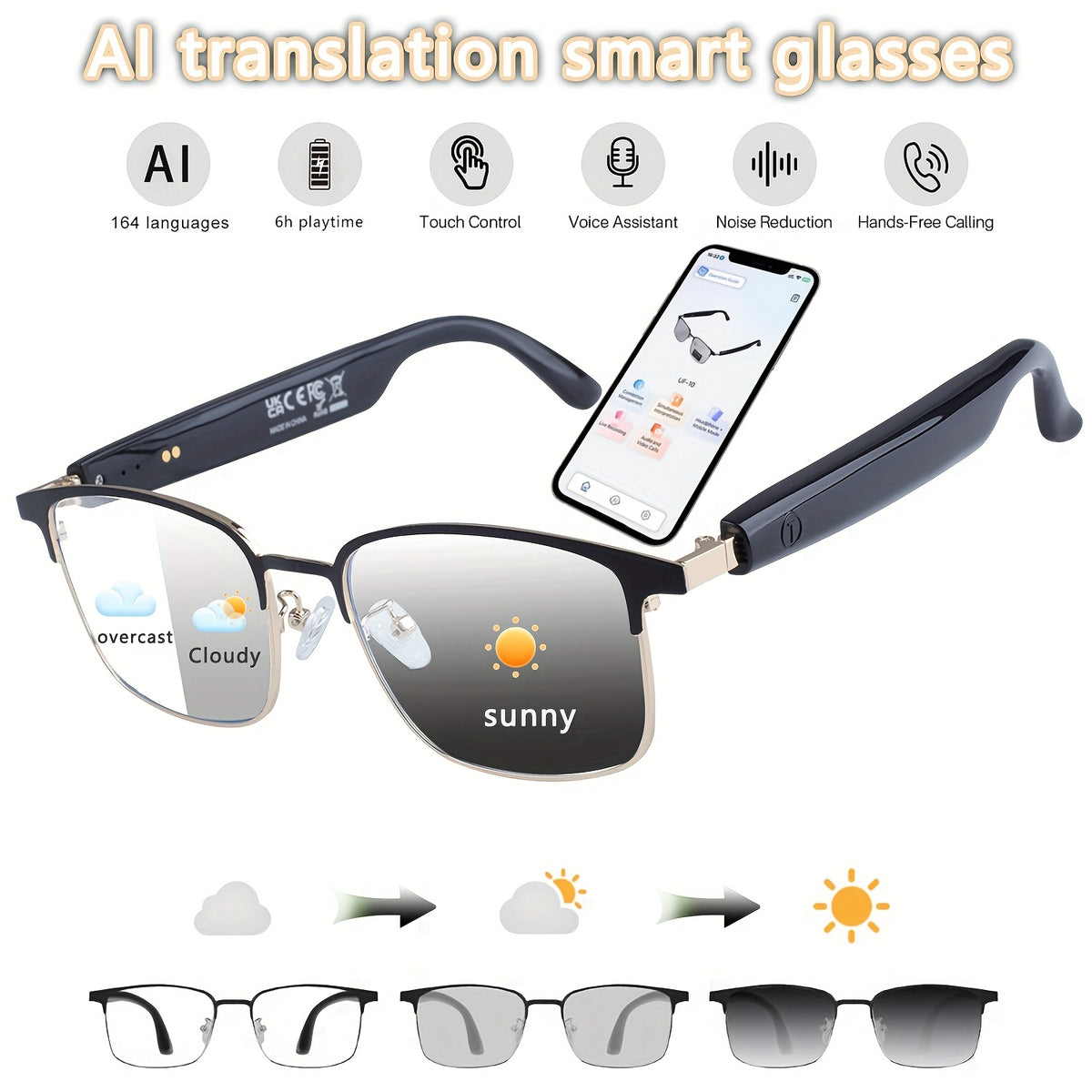 160 Language Translation Smart Glasses, AI Audio Glasses with ChatGPT, HD Calls & HiFi Music, Built-in Mic & Speaker, Photochromic Lenses, Real-Time Translator Eyewear for Travel, Meetings, Men & Women