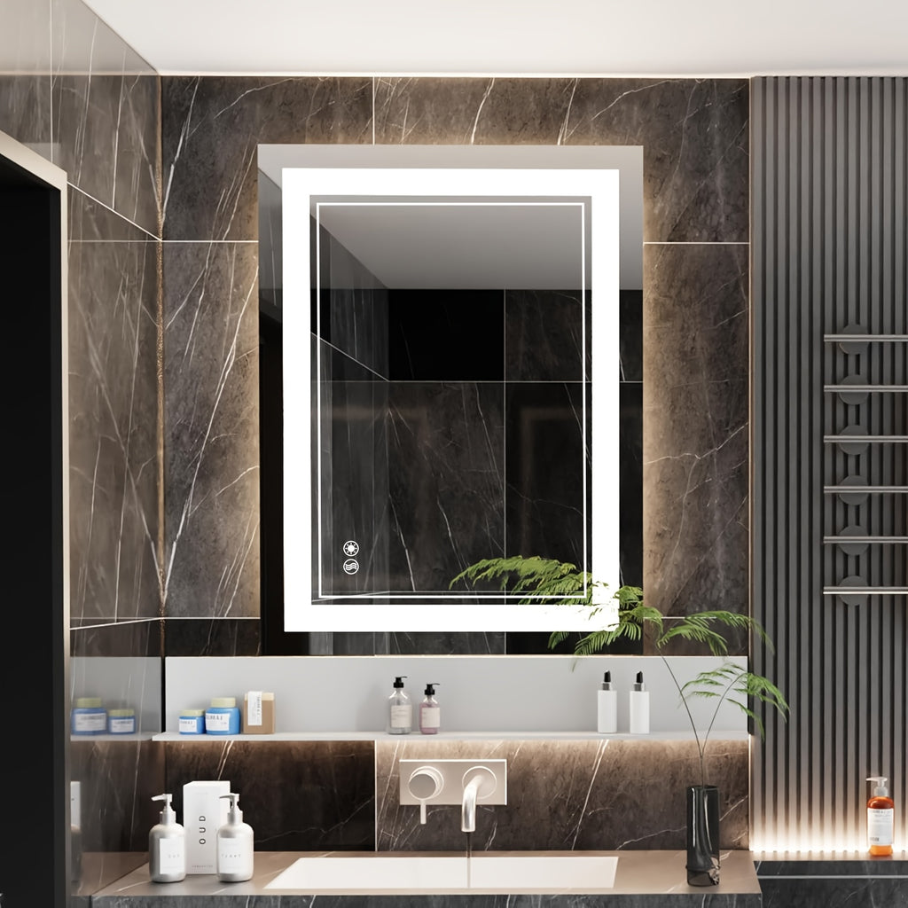 LED Bathroom Vanity Mirror with Listed Anti-Fog Function, Dimmable Three-Color Front and Back Lighting, Wall-Mounted Mirror with Multiple Size Options