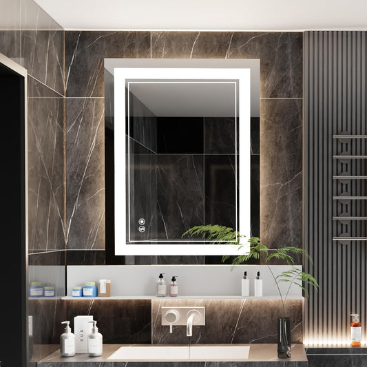 LED Bathroom Vanity Mirror with Listed Anti-Fog Function, Dimmable Three-Color Front and Back Lighting, Wall-Mounted Mirror with Multiple Size Options
