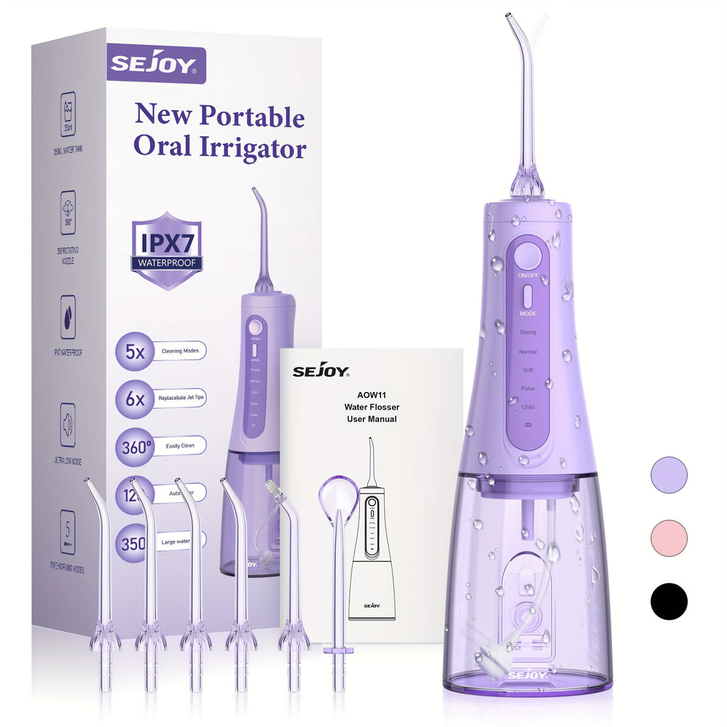 SEJOY Cordless Water Flosser with Five Listed Modes and Eight Nozzles, 11.83oz Oral Irrigator with 1200mAh Battery and IPX7 Wording, Purple or Pink for Home and Travel