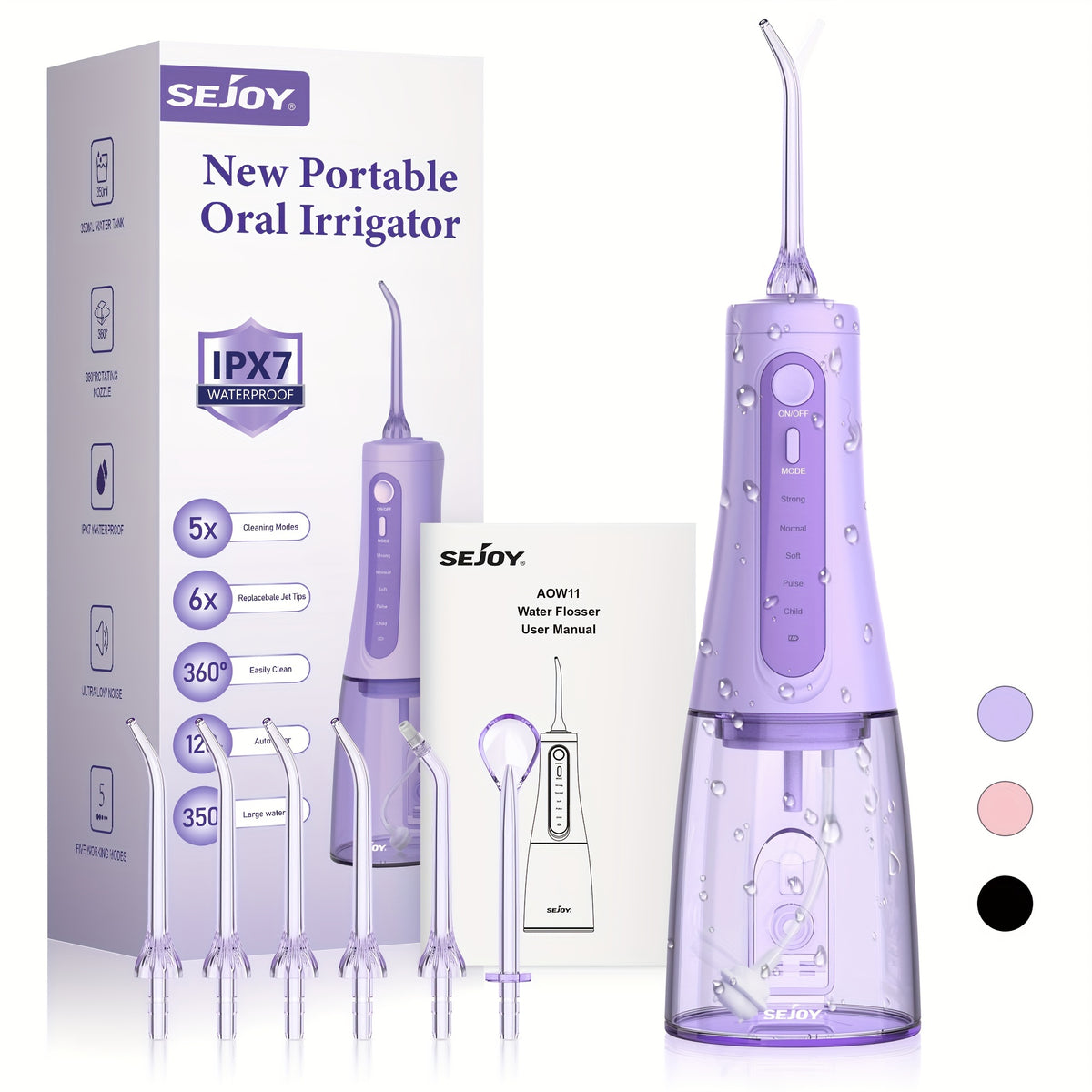 SEJOY Cordless Water Flosser with Five Listed Modes and Eight Nozzles, 11.83oz Oral Irrigator with 1200mAh Battery and IPX7 Wording, Purple or Pink for Home and Travel