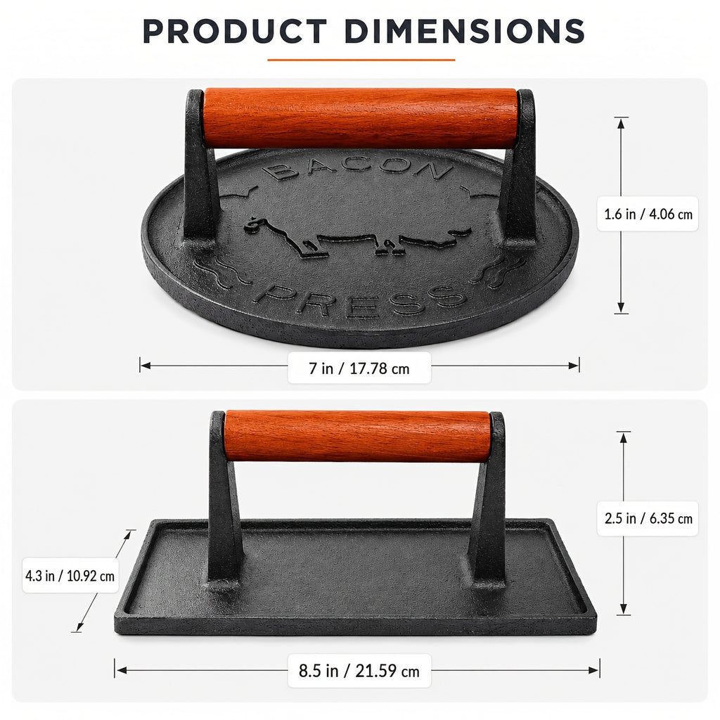 Cast Iron Bacon Press by Vivicreate, Round Heavy-Duty Grill and Meat Press for Bacon, Steak and Toasted Sandwiches, Kitchen and Outdoor Cooking Tool