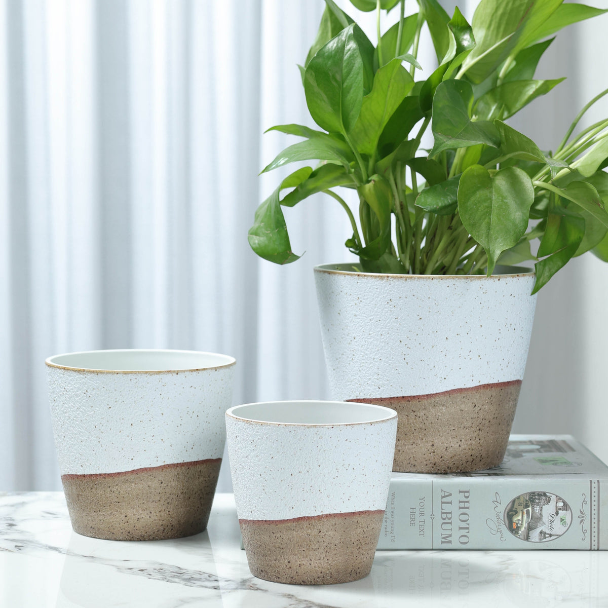 Modern Round Planter Set, Three PolyStone Plant Pots with Listed Polymer Finish in Mixed 4/5/6 Inch or 6.5 Inch Style Options for Indoor and Outdoor Home Decor