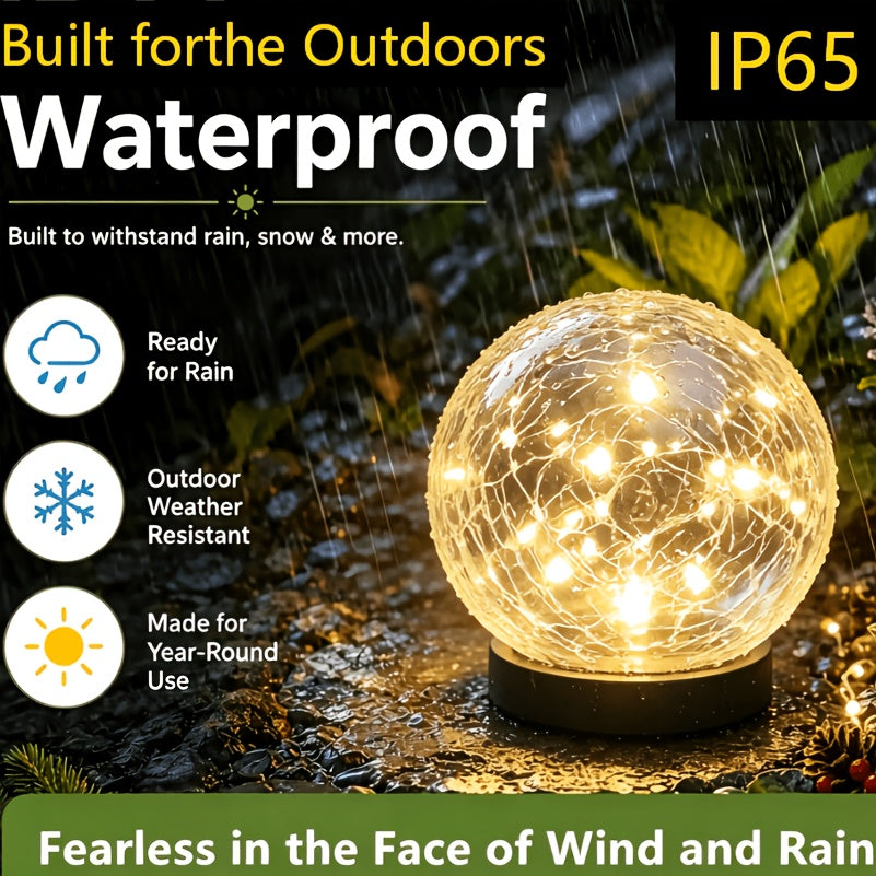 Warm White Solar Crackle Glass Ball Lights with Ground Stake Wording, Four, Six or Eight-Piece Packs for Decorative Garden Borders, Patios and Event Displays