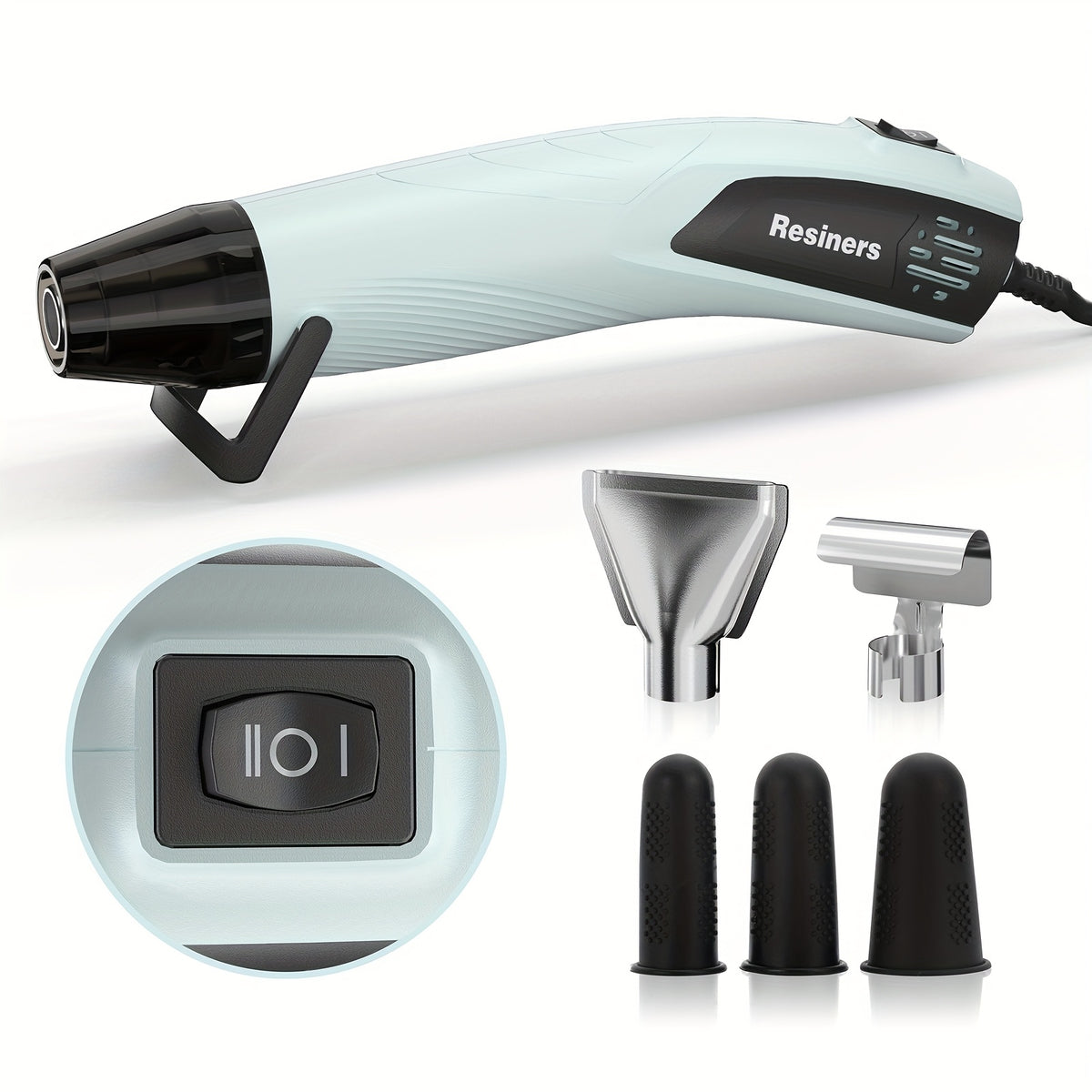 Dual-Temperature Craft Heat Gun by Resiners, Listed 350W Resin Heat Tool with Three Nozzles, Finger Caps and 4.9ft Power Cord for Embossing and Shrink Wrap