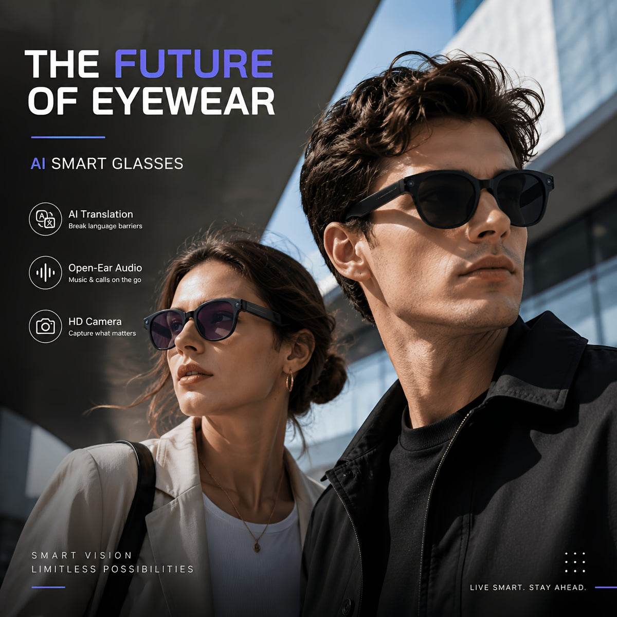 Replaceable-Lens AI Smart Glasses with Listed 8MP Camera, Image Stabilization, Video and Audio Recording, Translation, Voice Control and Music Playback