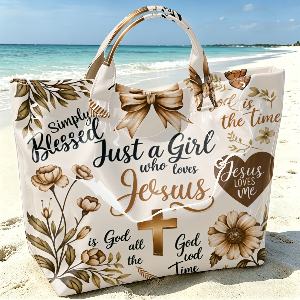 Christian Tote Bag with Floral and Cross Design, Faith-Inspired Glossy Shoulder and Top Handle Handbag for Church, Casual Outings and Everyday Carry