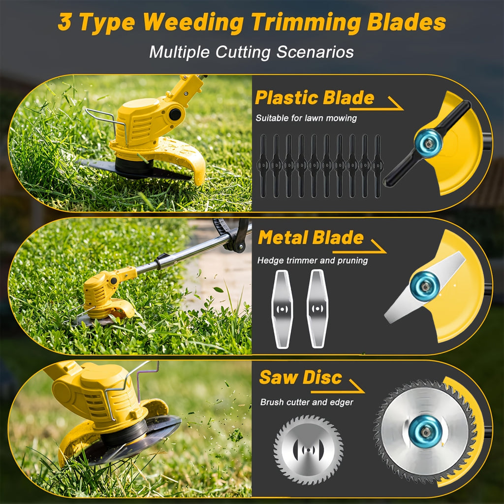 Battery Powered Weed Wacker with Lithium-Ion Battery and 3 Blade Types, Portable Cordless Grass Trimmer for Home Yard and Garden Care
