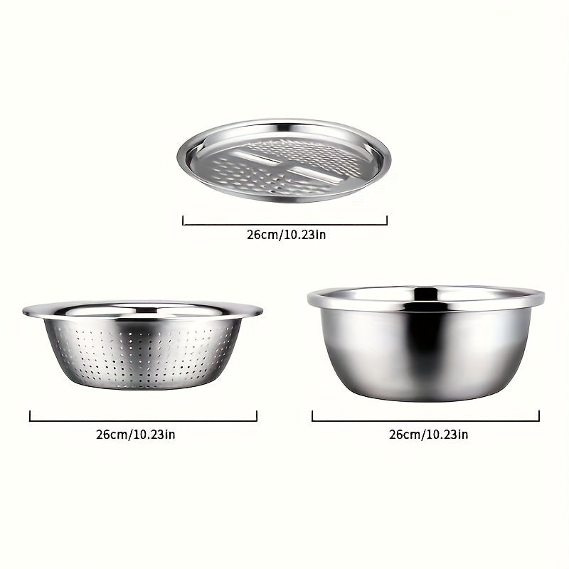 Kitchen Strainer Bowl Set, 3-Piece Stainless Steel Mixing Bowl, Filter and Grinder Kit in Silvery Finish for Rinsing Produce and Everyday Food Preparation