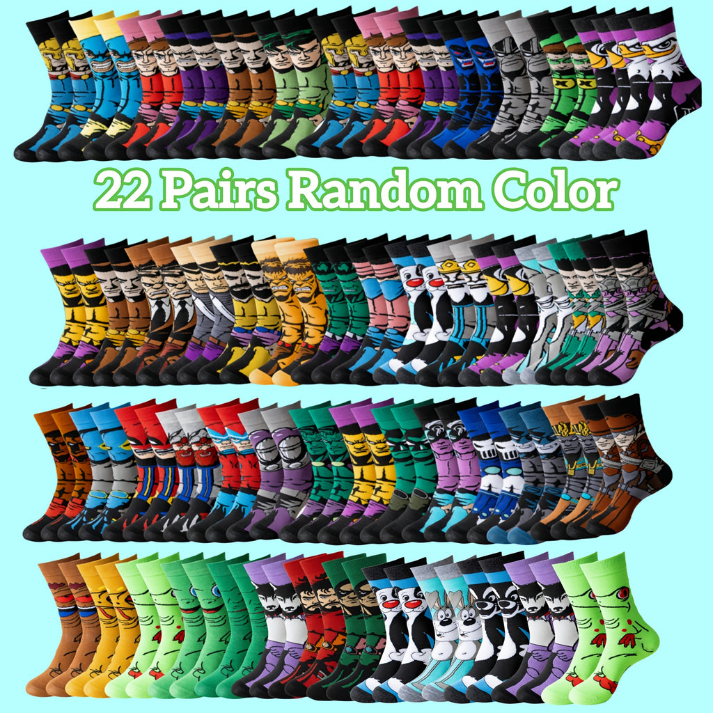 Random Color Cartoon Socks, Mid-Calf Knit Multipacks in 5, 10, 20 or 22-Pair Options with 97.8% Polyester and One-Size Label for Unisex Everyday Casual Outfits
