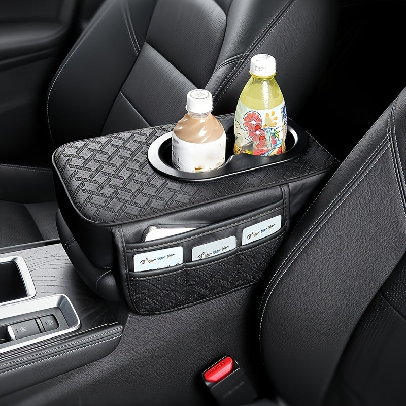 Car Armrest Storage Cover in PU Leather with Two Side Pockets and Two Cup Holders, Center Console Organizer with Tissue Bundle and Refill Options