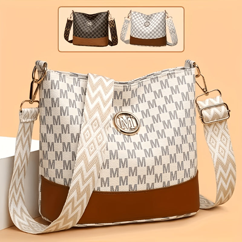 Patchwork Shoulder and Crossbody Bag with Vintage Styling and Wide Lettered Woven Strap, White or Brown Options for Workday Outings, Shopping and Dining