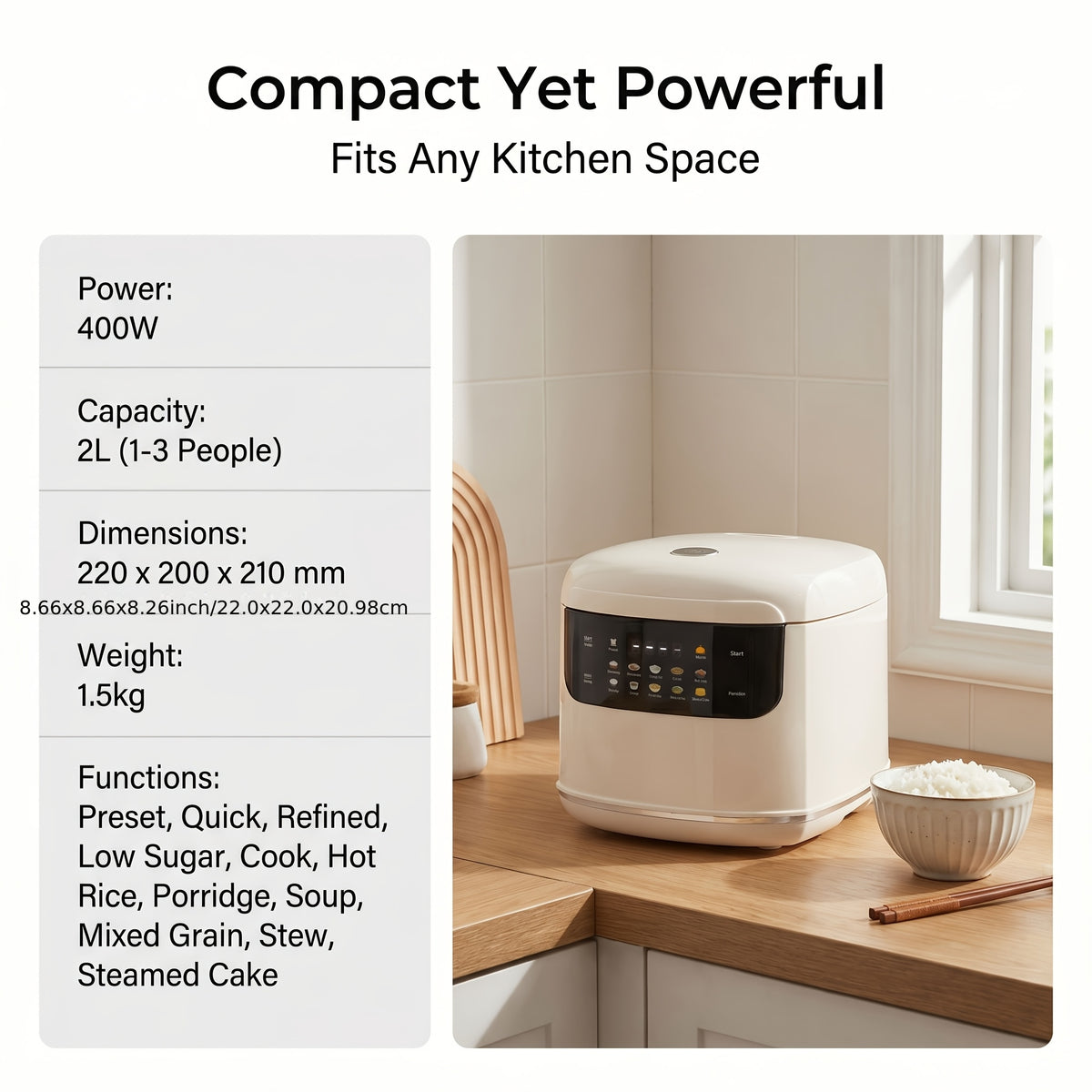 Small Rice Cooker 2L in White, Multifunctional Cooker with 12 Presets, Keep Warm and Delay Timer for Rice, Soup and Oatmeal, 1–3 People