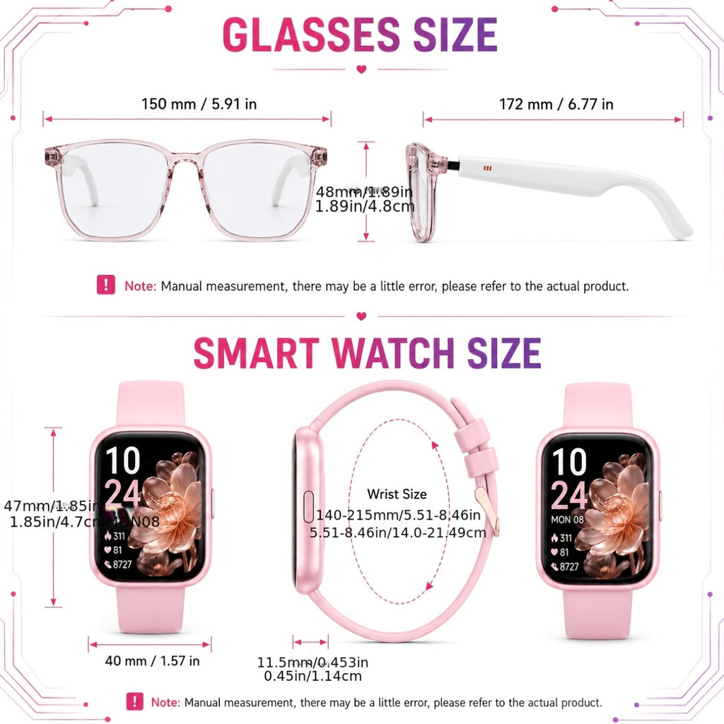 Open-Ear Translation Glasses and Smartwatch Set with Listed 160-Plus Language Functions, Music and Call Controls, Sleep and Activity Tracking, Four Style Labels