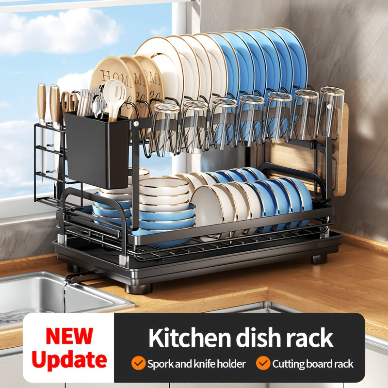 Metal Countertop Dish Rack for Kitchen Tableware Organization, Two-Tier Painted Rack Design with Utensil Holder Reference and Black, Dark Grey or Base Options