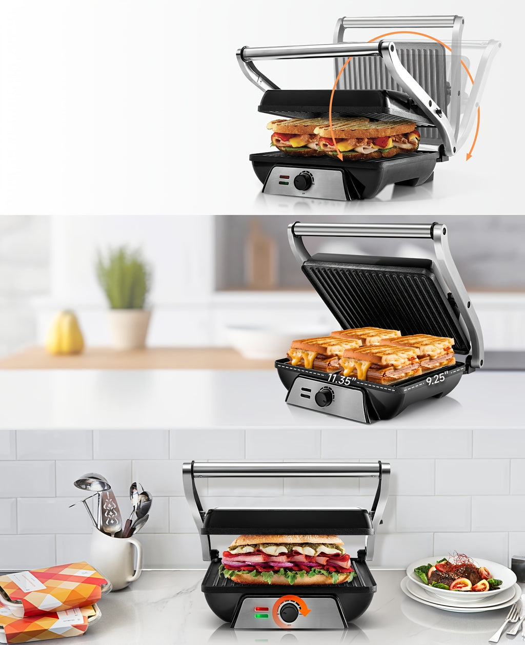 Floating-Hinge Panini Press and Indoor Grill with Nonstick Plate Wording, 180-Degree Opening and Grease Tray, Color or Timer-Control Options for Sandwiches