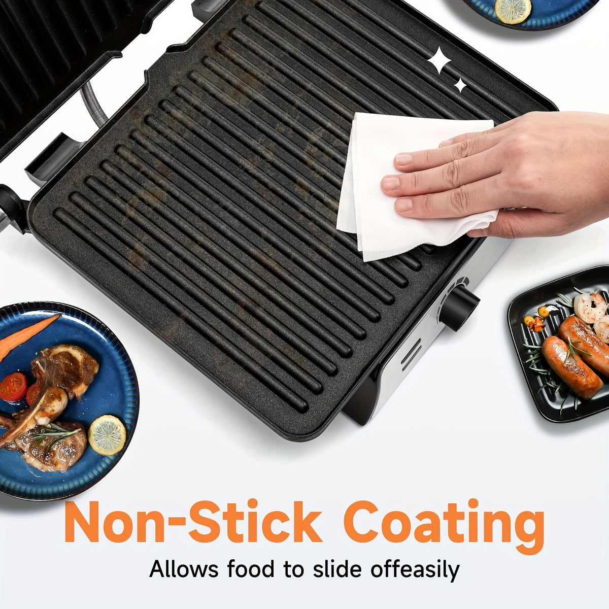 Floating-Hinge Panini Press and Indoor Grill with Nonstick Plate Wording, 180-Degree Opening and Grease Tray, Color or Timer-Control Options for Sandwiches