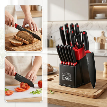 High Carbon Stainless Steel Knife Set with Manual Sharpener and Holder Base, Plastic Handle Kitchen Collection in 14-Piece and 13+1 Color-Labeled Options