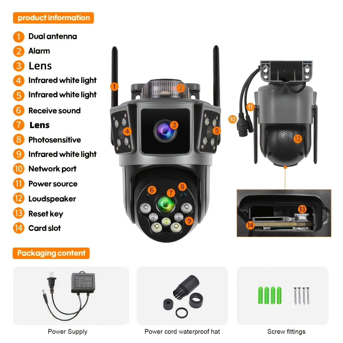 Three-Screen Dual-Lens WiFi Security Camera with Wired DC Power, O-KAM Pro App, 355° Pan and 100° Tilt, Night Vision and Two-Way Audio in White or Grey
