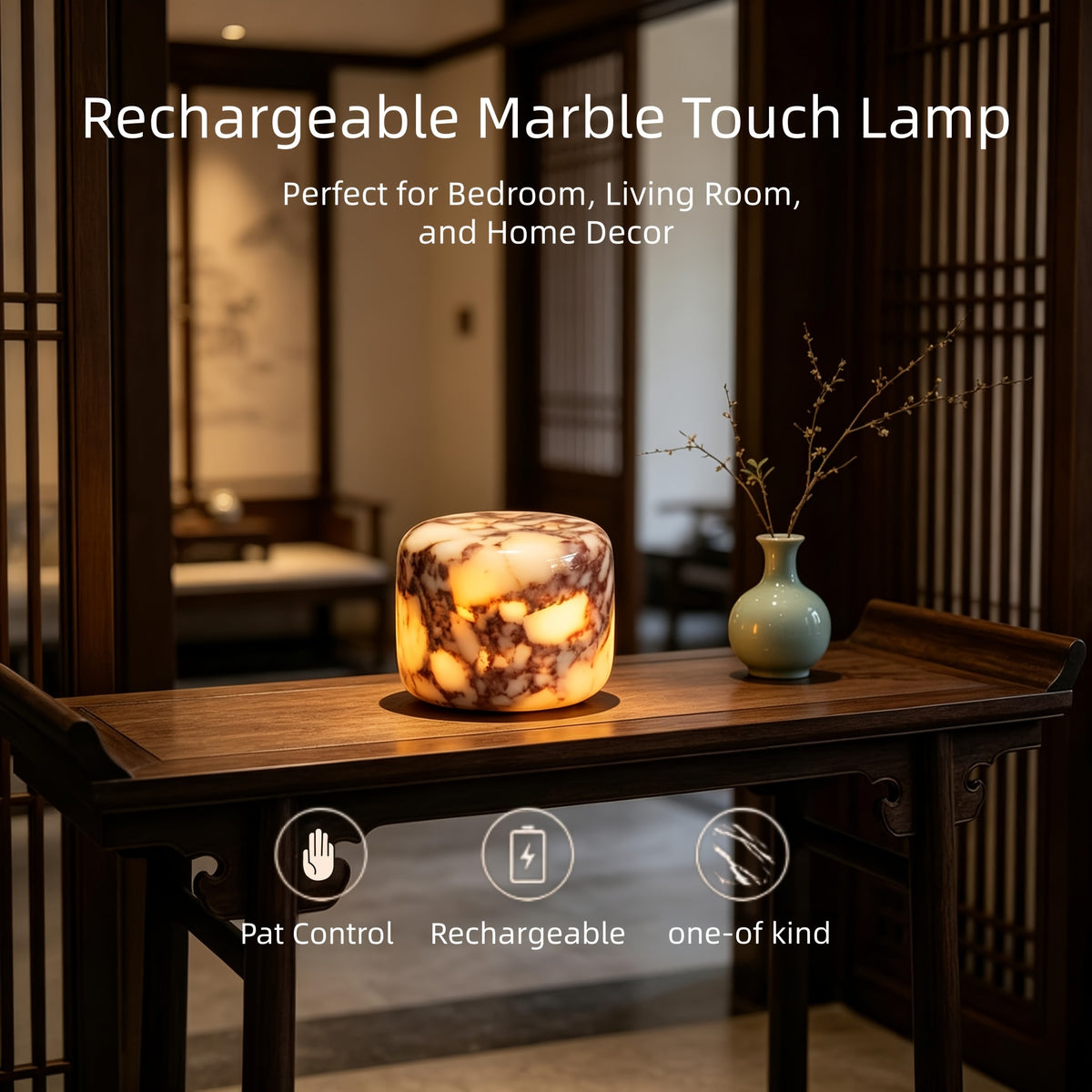 Marble Pattern Rechargeable Table Lamp with Type-C Charging and Warm LED Ambient Lighting, Portable Decorative Bedside Light for Bedroom Nightstands and Home Decor