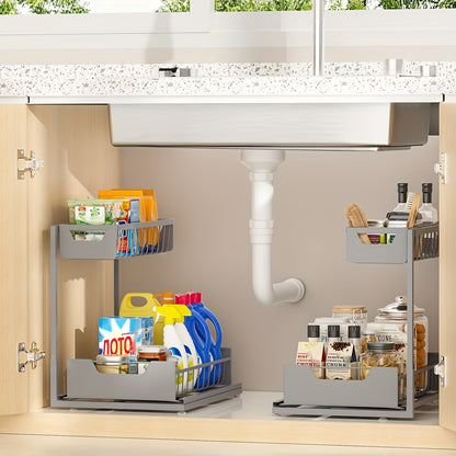 Two-Tier Sliding Under Sink Organizer for Kitchen and Bathroom Cabinets, Metal Pull-Out Storage Rack in Black, White or Gray with Single and Two-Pack Options