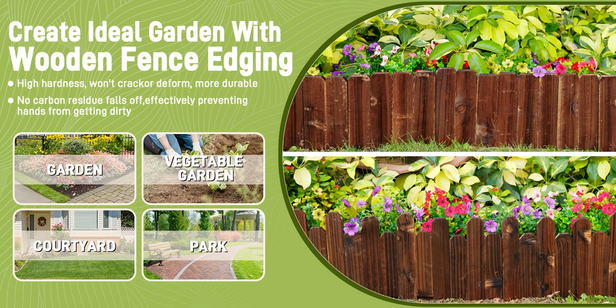 Wooden Garden Edging Border with Listed 47.2-Inch Length, Wire-Connected Decorative Picket Design for Flower Bed Outlines, Curved Paths and Landscape Accents