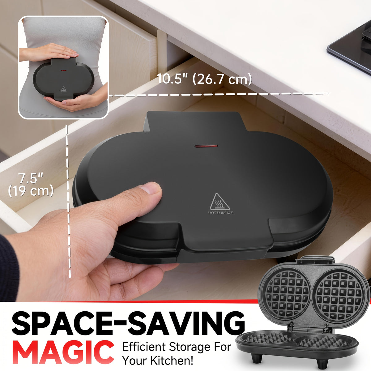 Double Mini Waffle Maker in Graphite, Listed 4-Inch Nonstick Waffle Iron and Chaffle Maker for Home Breakfasts, Brunch, Snacks and Dessert Preparation