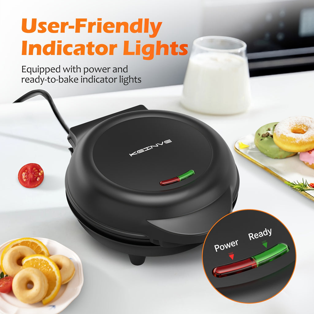 Mini Donut Maker with 7 Slots and Nonstick Cooking Plates for Homemade Breakfast Treats, After-School Snacks, Family Desserts and Decorating Fun