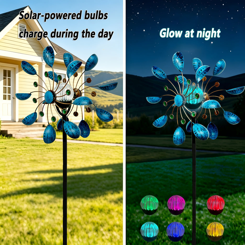 Garden Wind Spinner with Solar Multicolor LED Light, Metal Pinwheel Yard Decor with Listed 72-Inch Size and Red, Bronze, Blue or Butterfly Design Options