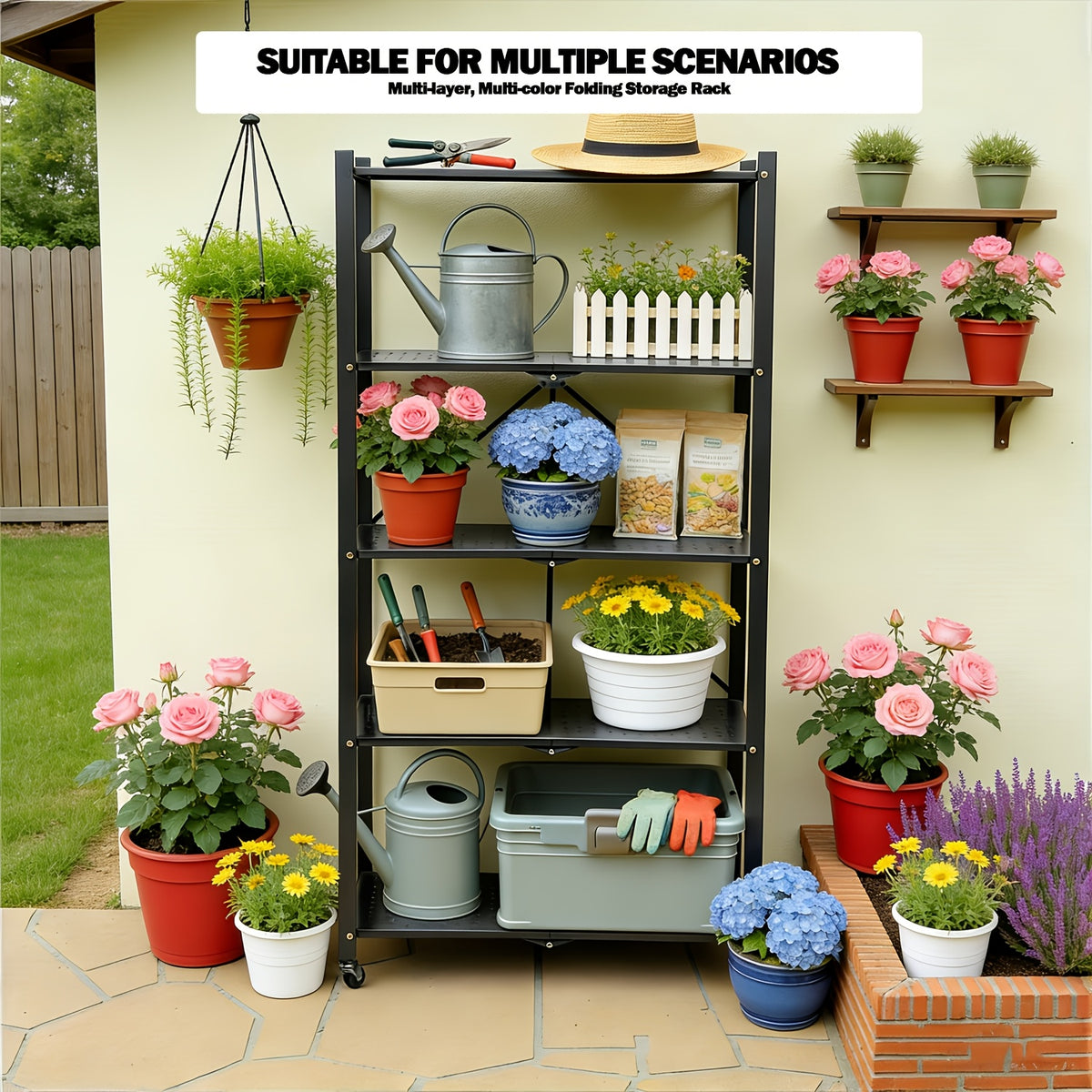 Folding Metal Shelving Unit with Listed Lockable Wheels, 3-, 4- or 5-Tier Storage Rack and Plant Stand in Black, White, Pink or Green for Home Organization
