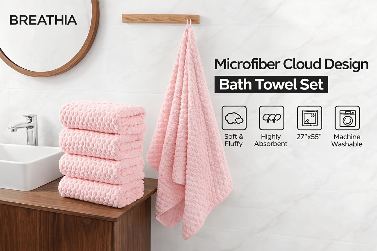 Coral Fleece Bath Towel Set with Hair Drying Cap, Five-Piece Bundle Featuring Four 27 x 55 Inch Plush Towels and Listed Hanging Loops for Home Shower Routines