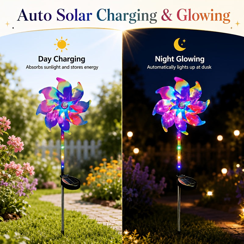 Solar Windmill Garden Lights 2-Pack with Color-Changing and 360-Degree Rotating Design, Colorful Purple or Blue Style Options for Patio and Path Displays