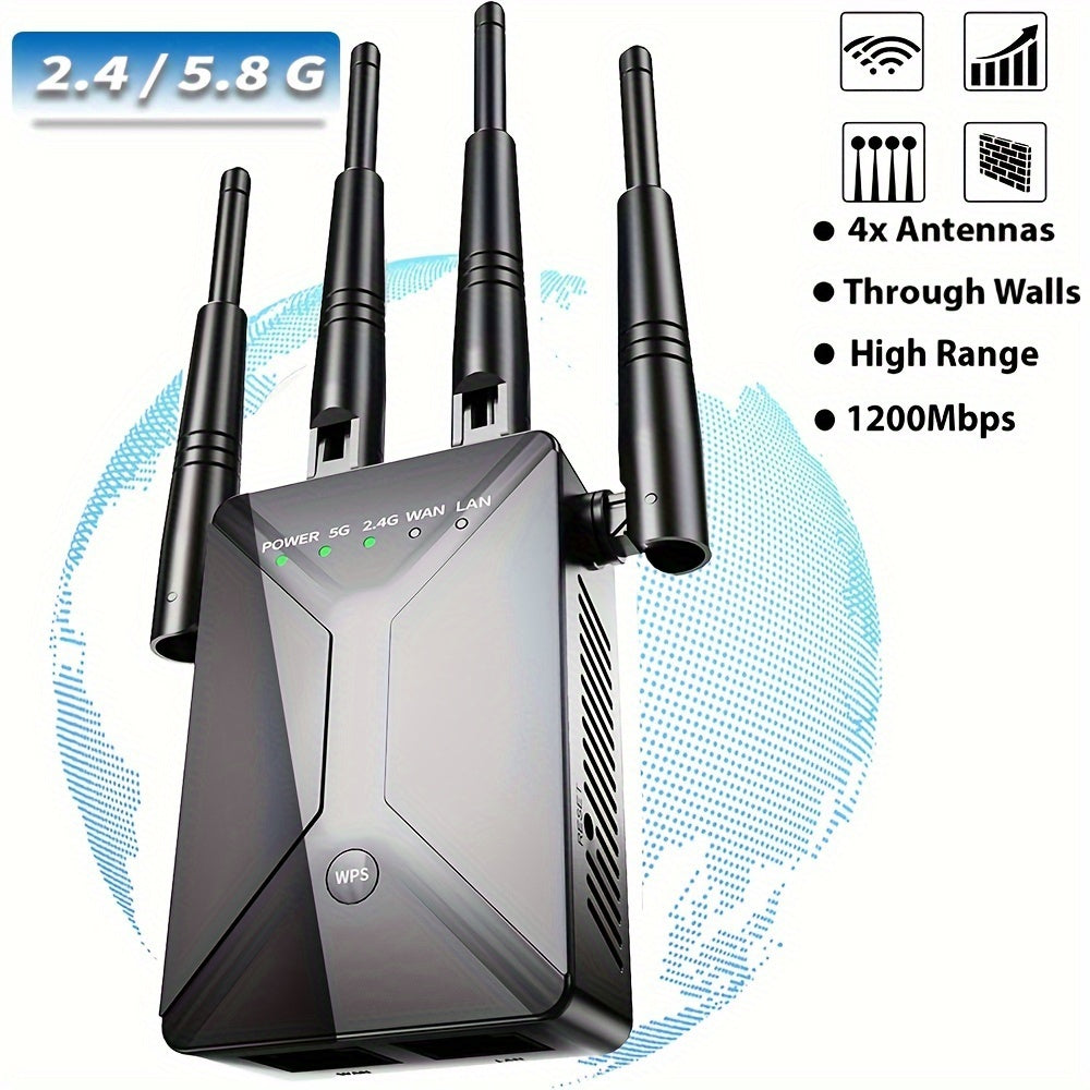 Black Dual-Band WiFi Extender with Ethernet Port, 2.4GHz and 5GHz Wireless Signal Booster and Repeater for Compatible Home Internet Networks