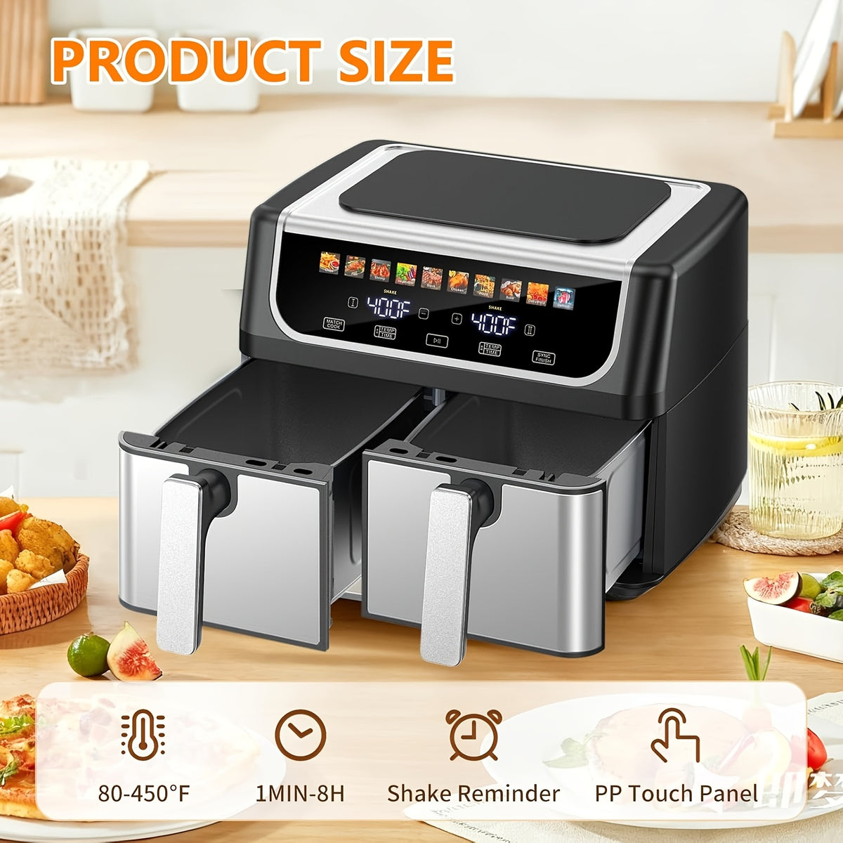Dual Basket Air Fryer with Listed 9.5 Quart Capacity, Independent Temperature Control, Sync Mode, 10 Presets and Shake Reminder in Black or Gray