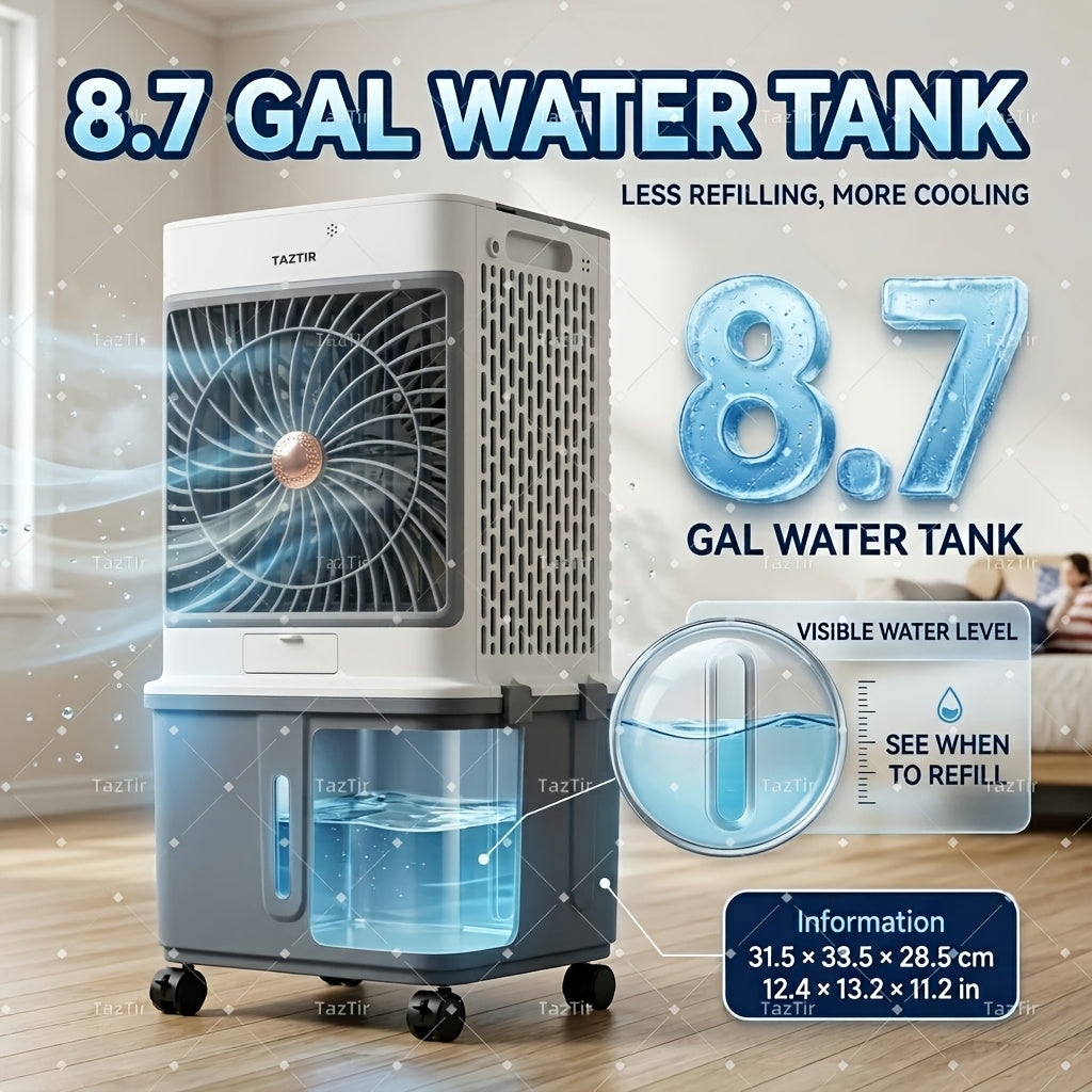TAZTIR 2200 CFM Evaporative Air Cooler, 8.7 Gal Tank Swamp Cooler with 120° Swing, 3 Speeds, 35dB Quiet Operation and 4 Ice Packs, Portable Cooling Fan for Bedroom, Office, Patio, Garage, Warehouse and Large Spaces