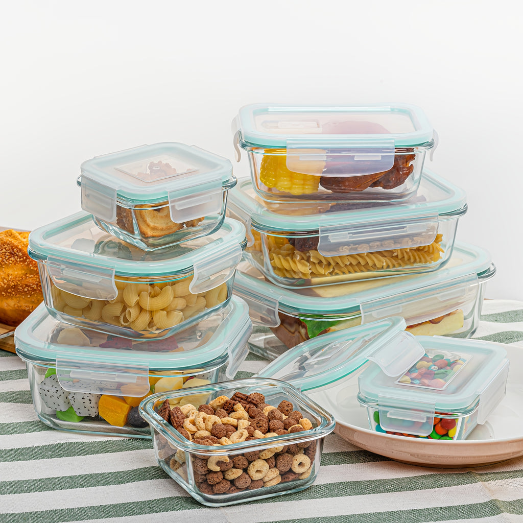Glass Food Storage Containers for Bento Lunch Portions and Everyday Meal Prep, Listed Eight-Piece Kitchen Organization Set in Pink, Gray, Blue or Green