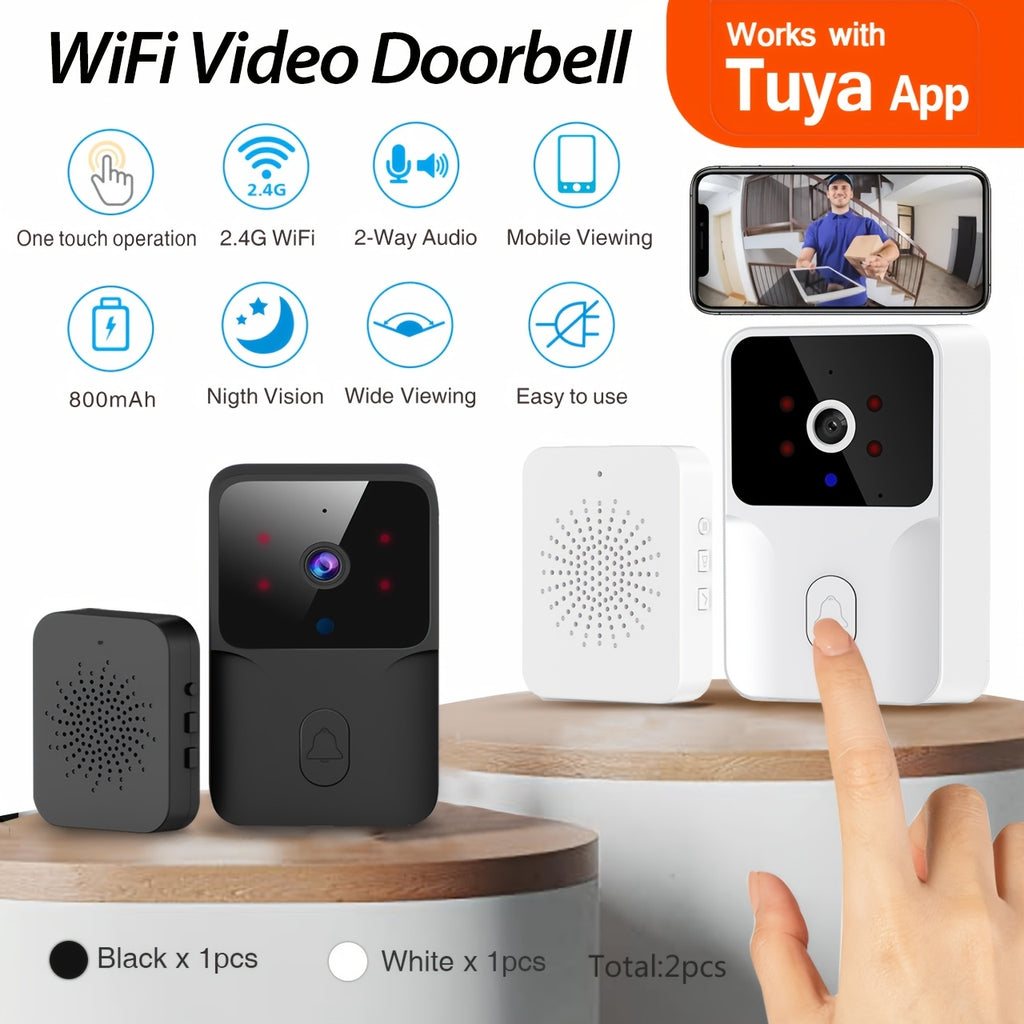 Tuya Smart WiFi Doorbell Camera, Rechargeable Wireless Video Doorbell with Night Vision, Voice Change, Two-Way Calls and Photo Recording for Home Entry