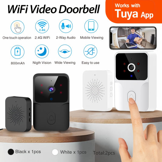 Tuya Smart WiFi Doorbell Camera, Rechargeable Wireless Video Doorbell with Night Vision, Voice Change, Two-Way Calls and Photo Recording for Home Entry