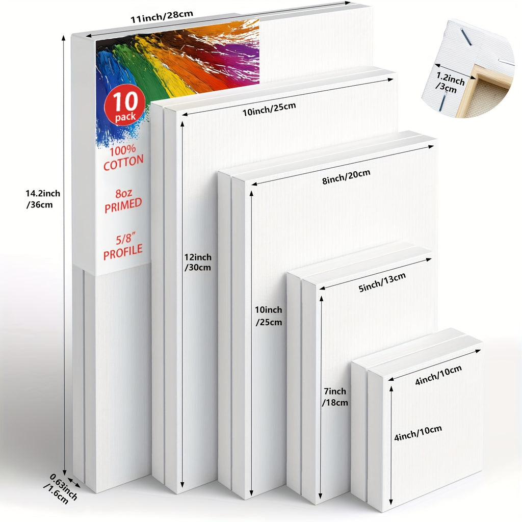 Stretched Canvas Painting Set, White Primed 100% Cotton Art Canvases with Round and Rectangular Pack Options for Acrylic Pouring and Oil Painting