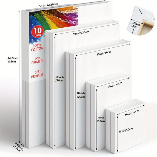 Stretched Canvas Painting Set, White Primed 100% Cotton Art Canvases with Round and Rectangular Pack Options for Acrylic Pouring and Oil Painting