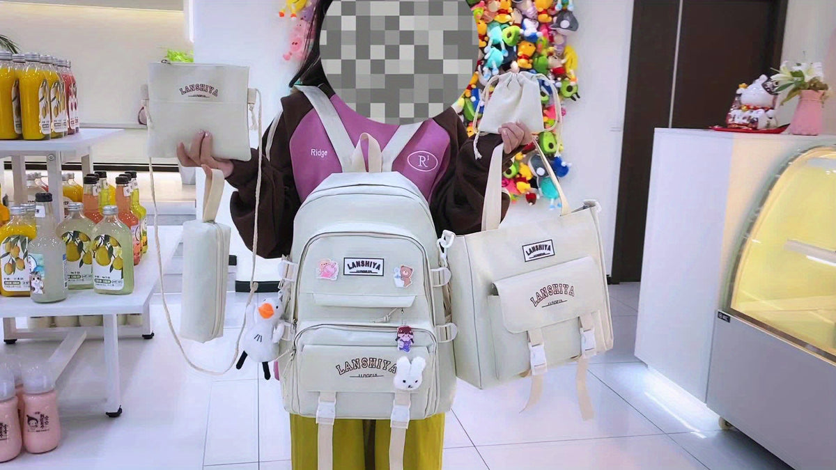 Solid-Color Canvas Backpack Set with Listed Five-Piece Format, Tote, Pencil Bag and Crossbody Wording, Four Pendant-Labeled Color Options for Student Daily Carry