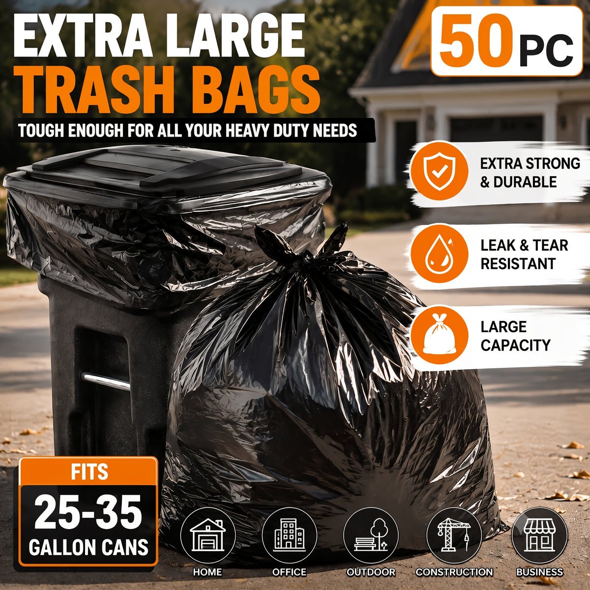 Black Trash Bags 50 Count with Listed 2 Mil Thickness, Disposable Plastic Garbage Liners for Compatible Household Bins, Patio Tidying and Garden Cleanup