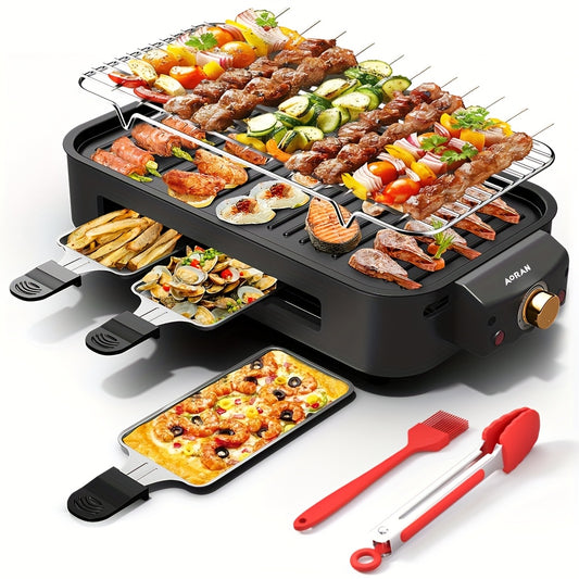 Electric Barbecue Grill for Kitchen Cooking, 1500W with Adjustable Temperature, Detachable Nonstick Frying Pan and Grill Components, Black or White Options