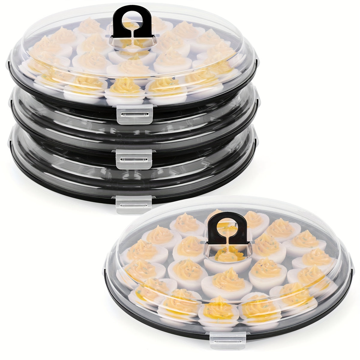 Deviled Egg Carriers with Lids and Folding Handles, Three 11.8-Inch Round Stackable PP Trays with 22 Slots Each for Party Prep, Serving and Upright Transport