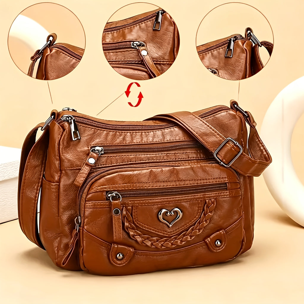 Grey Crossbody Bag with Heart Detail and Adjustable Shoulder Strap, Retro PU Purse with Multiple Zipper Pockets for Errands, Coffee Dates and Casual Daily Carry