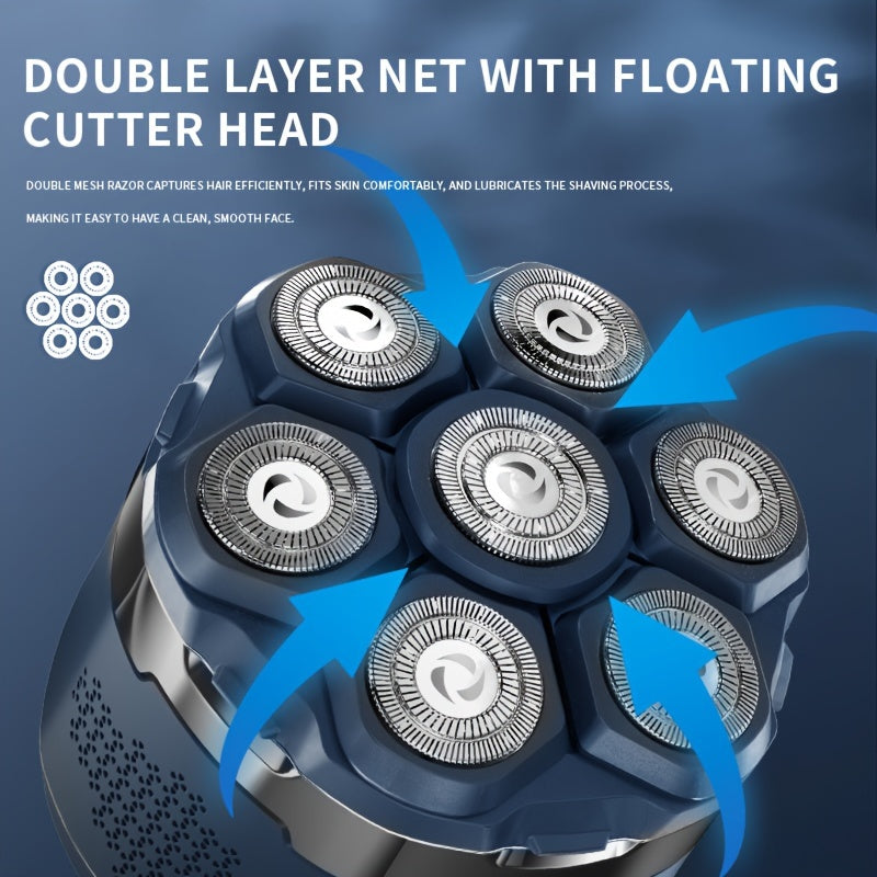 7D Bald Head Shaver in Blue for Men, Cordless Rechargeable Electric Grooming Device with LED Display, Magnetic Blade and Listed IPX6 Wet and Dry Use
