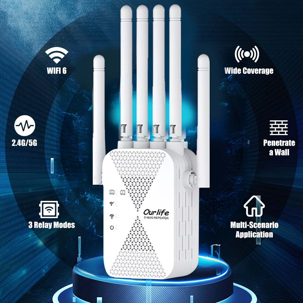 WiFi 6 Range Extender with 6 Antennas, Compact Wireless Signal Booster and Repeater for Home Office and Coffee Shop Network Coverage