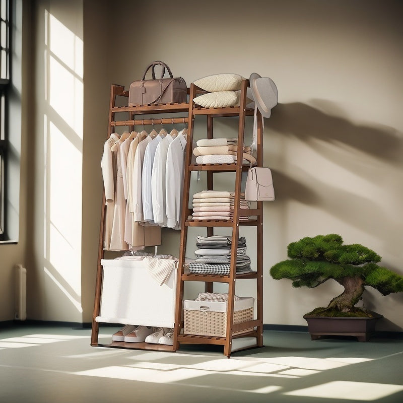 Bamboo Garment Rack with Adjustable Shelves, Five Side Storage Racks and Hat Hooks for Bedroom Organization, Brown or Nature with Four Size and Bag Option Labels